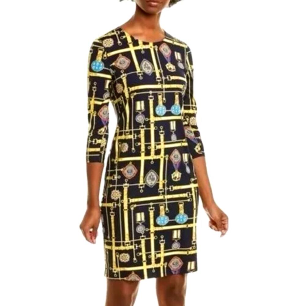 J.Mclaughlin Sophia Catalina Cloth Sheath Dress Navy Equestrian Bridle Print Med